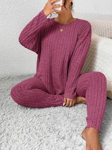 SHEIN Frenchy 纯色粒面面料家居服风格落肩 T 恤和紧身裤 - 玫紅色 - 查看 7