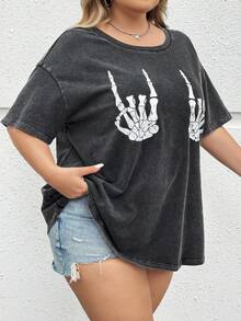 SHEIN CURVE+ 大码女装秋冬夏季开学季校园街头西式复古针织Vintage宽松柔软针织面料骷髅手图案卡通图案短袖T恤 - 深灰色 - 查看 5