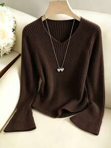 GlowEve Sweater Wanita Kasual Serbaguna Warna Polos Cokelat Tua untuk Kantor, Musim Gugur - Coffee Brown - View 1