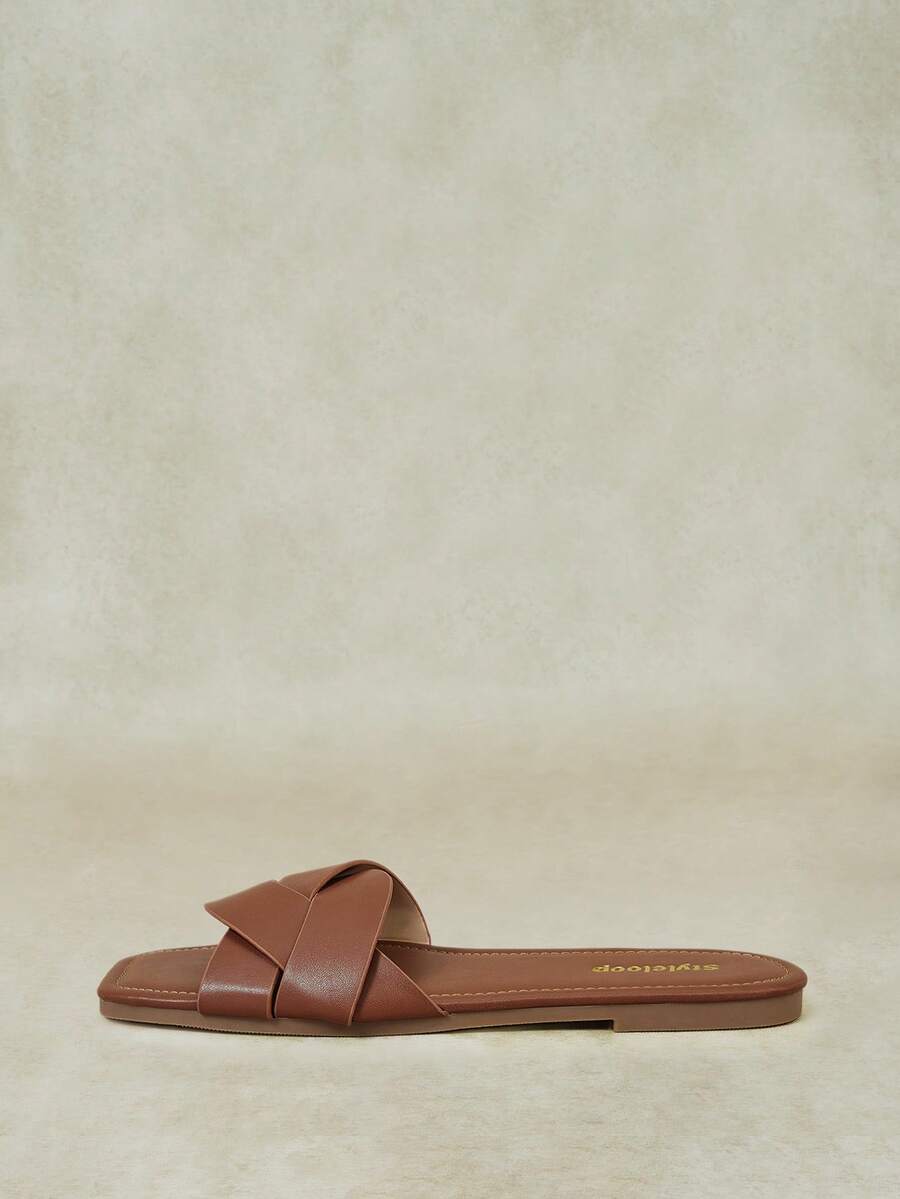 Styleloop Retro Flat Bottom , Square Toe Slippers Open-Toed Simple, Fashionable And Soft Commuter Holiday Sandals Versatile Outer Women's Shoes - Light brown - View 1