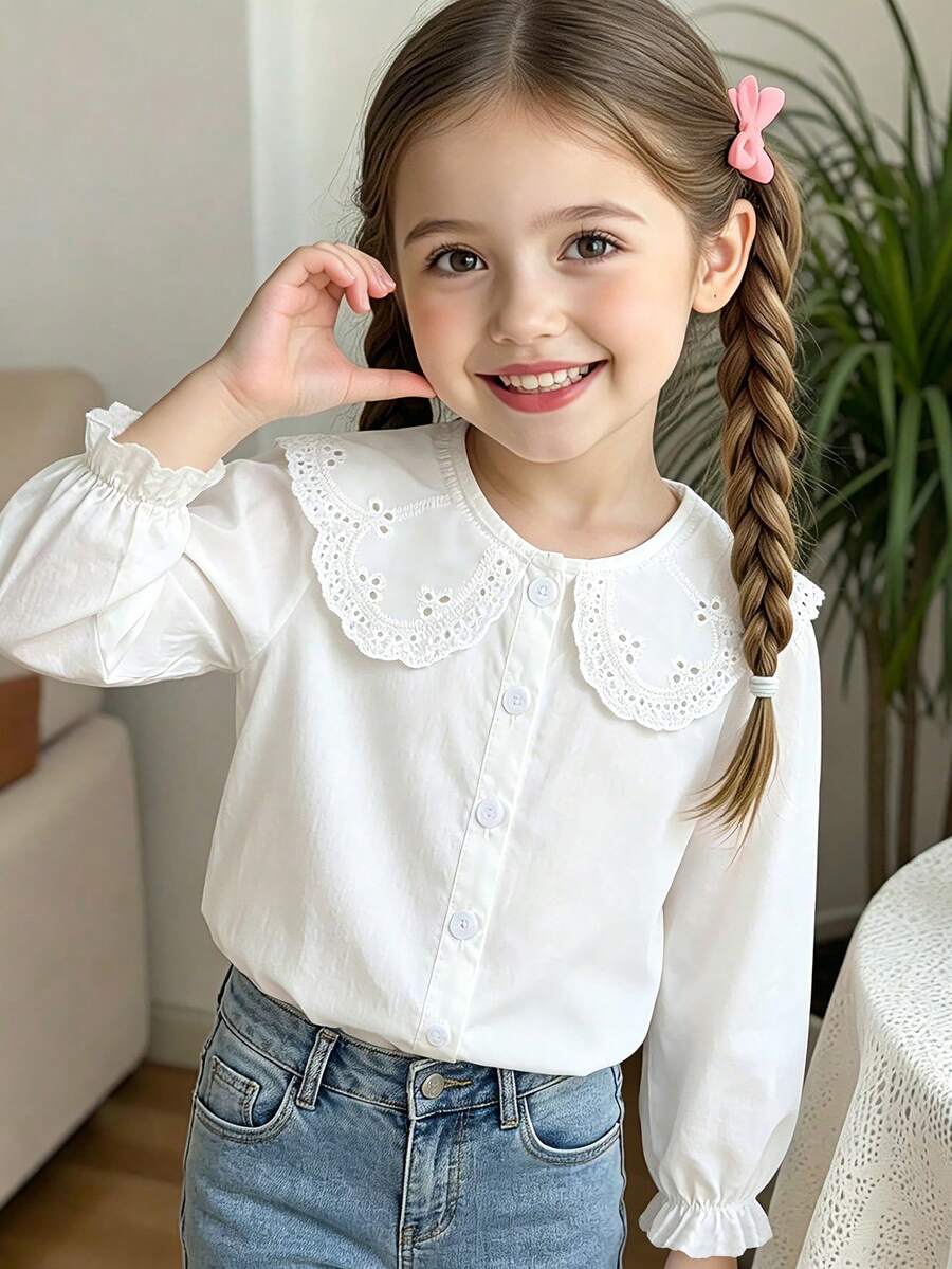 SHEIN Elladie kids 女童優雅刺繡蕾絲花瓣領公主長袖鈕扣式單排扣休閒時尚公主襯衫，適合學校、度假、旅行、生日派對、禮物、春季與秋季