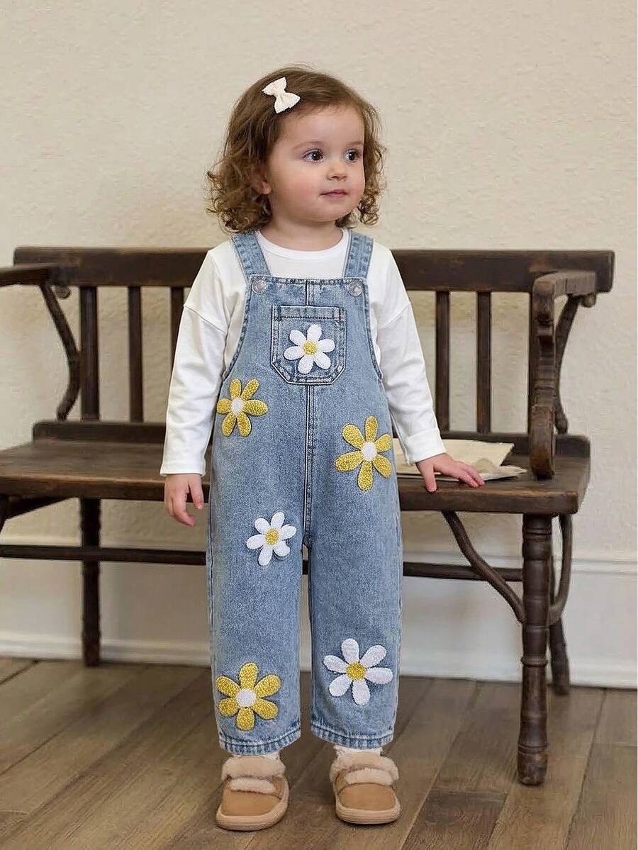 SHEIN Overoles de mezclilla lindos para niñas bebé con bordado 3D y artesanía exquisita, overoles de mezclilla para todas las estaciones para niñas bebé - Lavado ligero - Ver 1