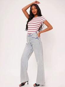 SHEIN BASICS 女款連身衣夏季穿搭，適合城市短途旅行度假，紅白條紋休閒熱帶風 - 紅白色 - 查看 4
