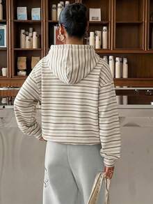 Muchica Printed Hooded Sweatshirt, Suitable For Autumn/Winter, Casual, Minimalist, Vintage, Elegant, Commuting, Versatile, Warm, Gentle, Striped Print Pattern, Beach, Vacation, Summer - Multicolor - View 2