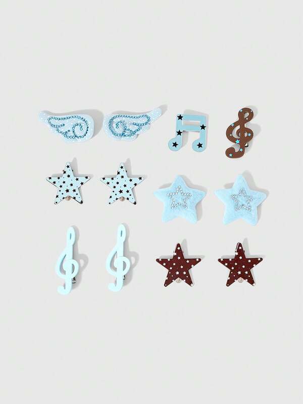 ROMWE Anime 12 Pieces Random Blue-Brown Contrasting Rhinestone Adult Hairpin, Y2K Star Wing Note Styling Hairpin, Shiny And Versatile Hair Accessories