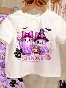 萬聖節嘉年華 星願紫水晶 極光果凍小女巫 深夜小黑貓 Little Miss Bootiful Trick Or Treat！女童休閒極簡圓領短袖T恤與迪斯可喇叭褲兩件套，適合秋季萬聖節，新季節新品上市 - 彩色 - 查看 4