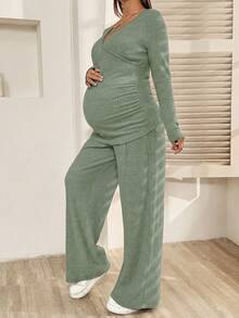 SHEIN 孕婦休閒純色上衣與長褲哺乳兩件套 秋季 - 綠色 - 查看 7