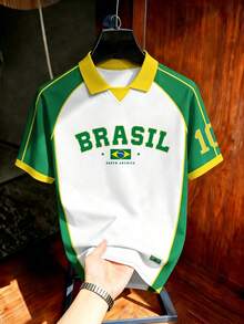 Manfinity Campus Court Vintage Brazil Classic Yellow & Green Striped Polo Shirt, American Style BRASIL #10 Printed Jersey, Men's & Women's Graphic T-Shirt, Men's Summer Fashion Casual Sports Shirt, Football, Football Equipment - Multicolor - View 3