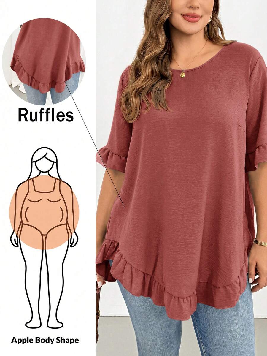 Shapeblank Blusa holgada de mujer talla grande con cuello redondo, mangas con volantes y botones, unicolor - Rosa vieja - Ver 1