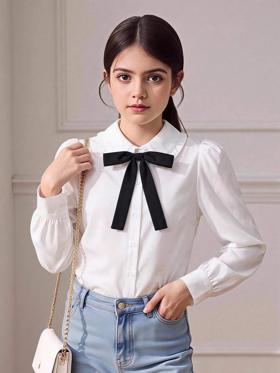 SHEIN 少女上學季日常休閒校園襯衫,白色梭織素色對比領對比蝴蝶結長袖襯衫 - 白色 - 查看 1