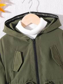 SHEIN 兒童小女孩職業日返校中長版連帽派克大衣，秋冬休閒字母裝飾織帶口袋外套，戶外穿搭風 - 軍綠色 - 查看 7