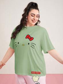 HELLO KITTY AND FRIENDS | SHEIN 大碼卡通圖案下肩寬鬆休閒夏季T恤 - 綠色 - 查看 4
