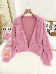 CosyJoli Plus Size Women's Sweater Off Shoulder Plush Cropped Cardigan In Fall/Winter - Dusty Pink - View 7