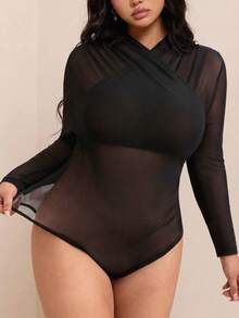 CovetEZ Summer/ New Sexy Country Solid Color Mesh Bodycon Plus Size Bodysuit Rave Cocktail Black - Black - View 4