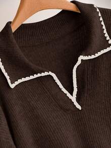 CosyJoli Plus Size Casual Brown Color Block Trim V-Neck Pullover Sweater/Winter - Brown - View 4