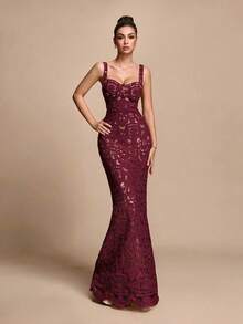 Glamine Women's Solid Color Hollow Design Fitted Elegant Sexy Spaghetti Strap Evening Dress Wedding Dinner Party Burgundy Summer - Burgundy - View 1