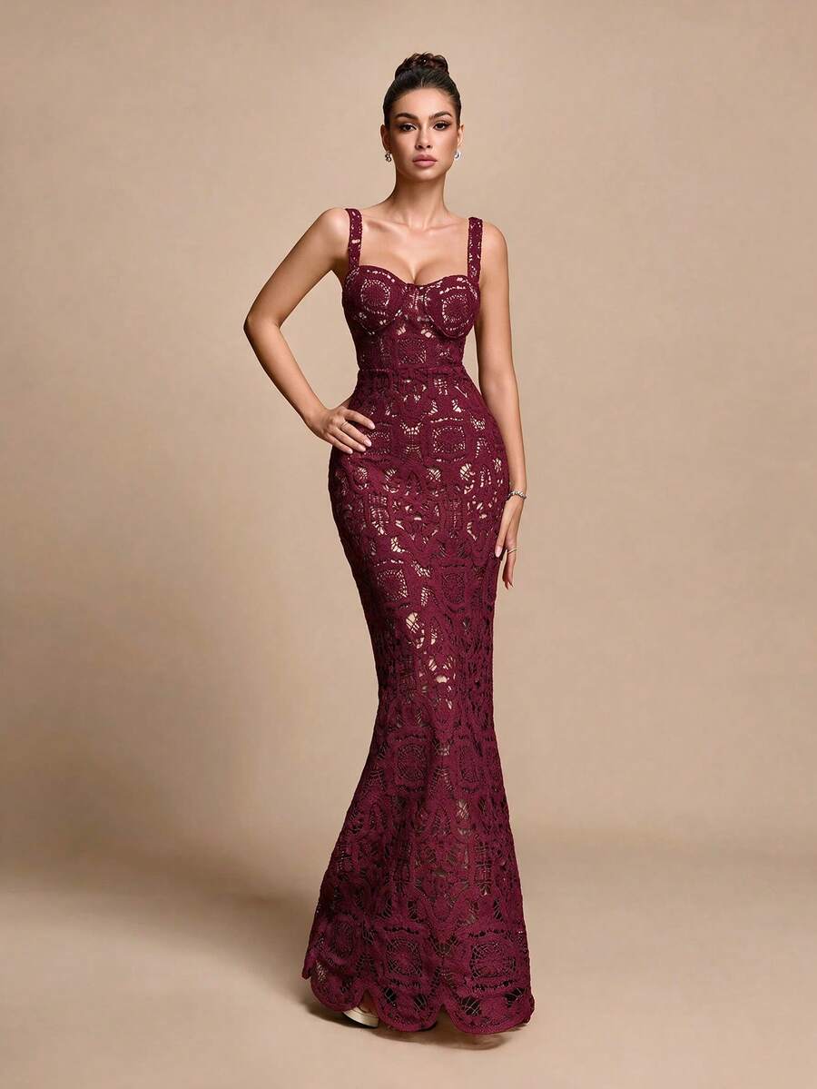 Glamine Women's Solid Color Hollow Design Fitted Elegant Sexy Spaghetti Strap Evening Dress Wedding Dinner Party Burgundy Summer - Burgundy - View 1