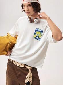 Vaulklash Standard Size Men's Casual Lemon Print White Cropped T-Shirt, Men's Short Top, Suitable For Summer - White - View 7