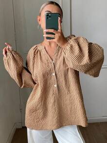 DAZY Women's Contrast Plaid Loose Pullover Long Sleeve Casual Vacation Spring Autumn Blouse - Brown - View 5