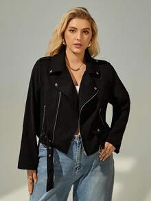 SHEIN Essnce Plus Size Faux Suede Moto Jacket, Warm For Autumn & Winter Fall Fall/Winter - Black - View 3