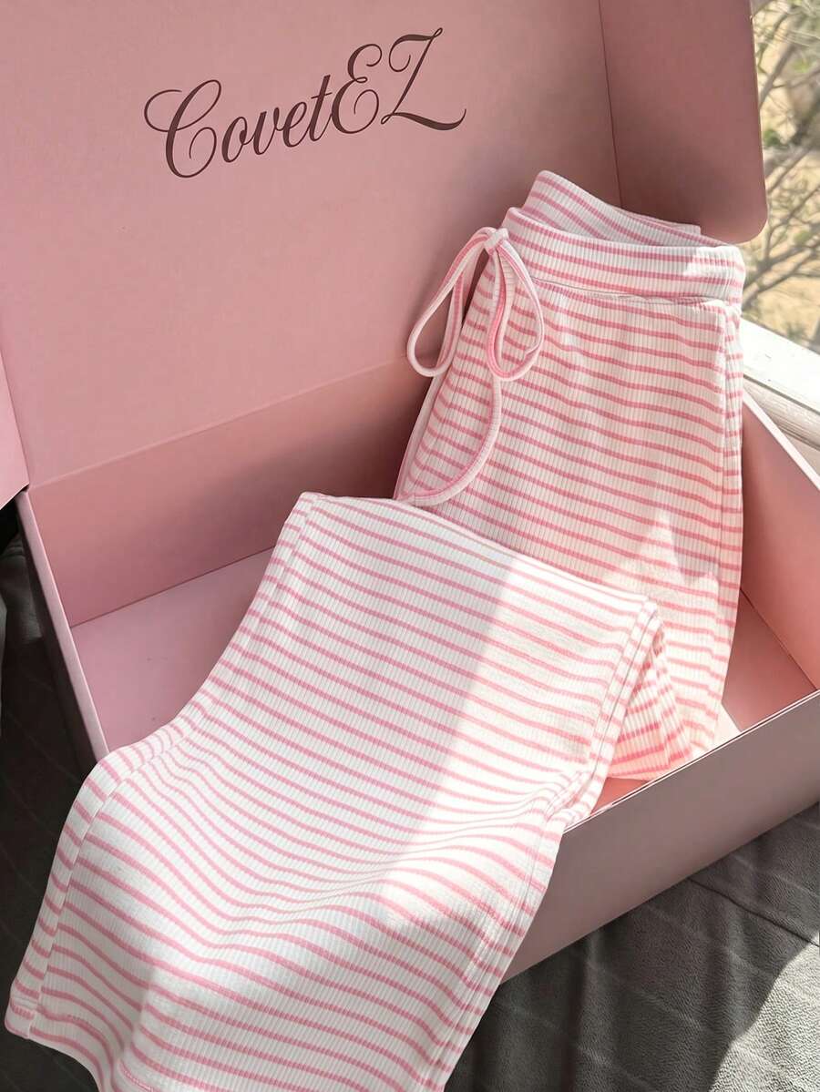 CovetEZ 女款休閒粉色夏季套裝,粉色條紋套裝,粉色條紋套裝,居家服,女款休閒服,夏季 - 粉色 - 查看 1