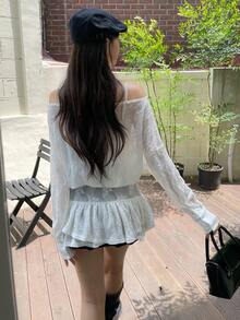 DAZY Women's Lace Fabric Square Neck Long Sleeve Cinched Waist Elegant Romantic Semi-Sheer Pullover T-Shirt Autumn Open Shoulder Tops Brunch White - Beige - View 4