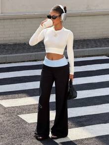 Muchica Navy Blue Letter Print Knit Straight Leg Pants For Women For Going Out, Streetwear, Y2K - Black - View 6