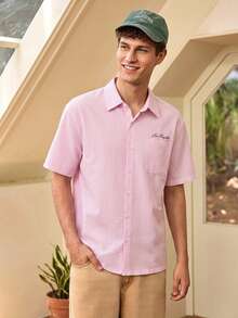 Whitmere Men's Summer Casual Solid Color Printed Short Sleeve Shirt, Tropical Beach Shirt For Vacation - Pink - View 2