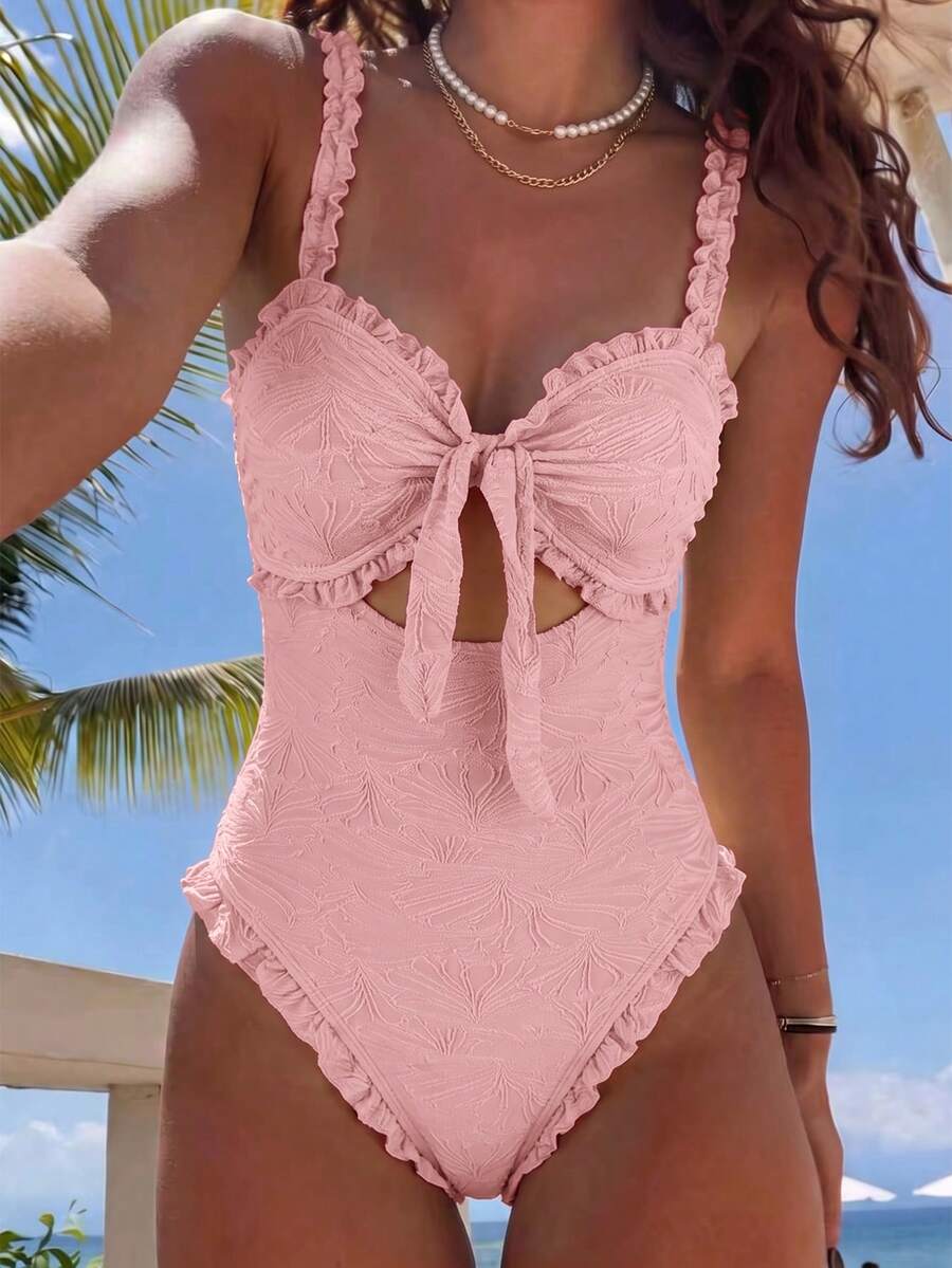 Swim Mod Baju Renang Terusan Wanita Motif Bunga Merah Muda Bertekstur dengan Rumbai untuk Liburan Pantai Musim Panas, Pakaian Pantai Manis dan Imut dengan Tali Pengikat - Berwarna merah muda - View 1