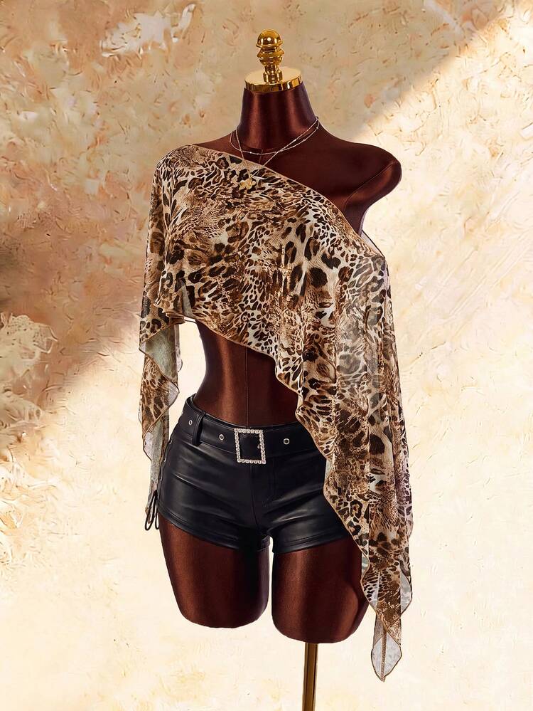 Amplova Selendang Tanpa Lengan dengan Hem Asimetris, Kasual, Vintage, Motif Leopard Liar, Ukuran Kecil untuk Wanita - Coffee Brown - View 4