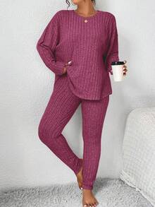 SHEIN Frenchy 纯色粒面面料家居服风格落肩 T 恤和紧身裤 - 玫紅色 - 查看 3