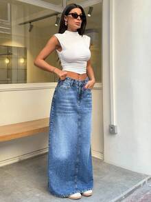 SHEIN 高個子低腰修身款前開扣休閒街頭風淺藍水洗長牛仔裙，適合日常外出夏季穿著 - 淺色水洗藍 - 查看 3
