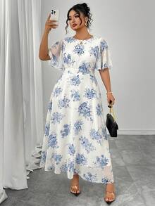 Modelyn Women's Plus Size Elegant Spring/Summer Round Neck Ruffle Bell Sleeve Fitted Drapey Chiffon Dress - Multicolor - View 1