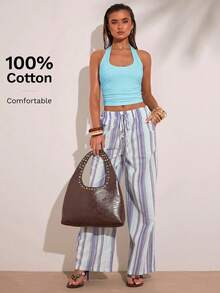 SHEIN BAE Women's Solid Color Backless Halter Neck Cropped Tank Top - Mint Blue - View 4