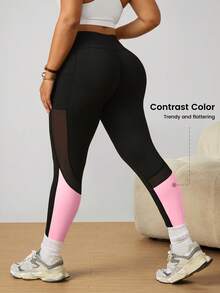 SHEIN Women's Plus Size Colorblock Fitted Pocket Sports Leggings - Multicolor - View 2