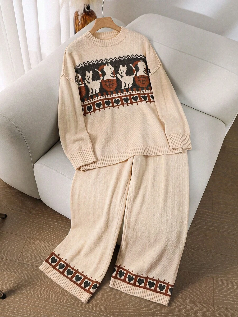 CosyJoli Plus Size Cartoon Pattern Sweater Knit Pants Set Formal Vacation Beige Autumn Casual Lounge Sets For Women Fall/Winter - Apricot - View 1