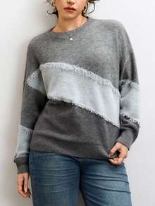 CosyJoli Plus Size Casual Cat Whisker Tassel Color Block Crew Neck Pullover Sweater,Fall Clothes For Women Autumn Winter - Grey - View 2