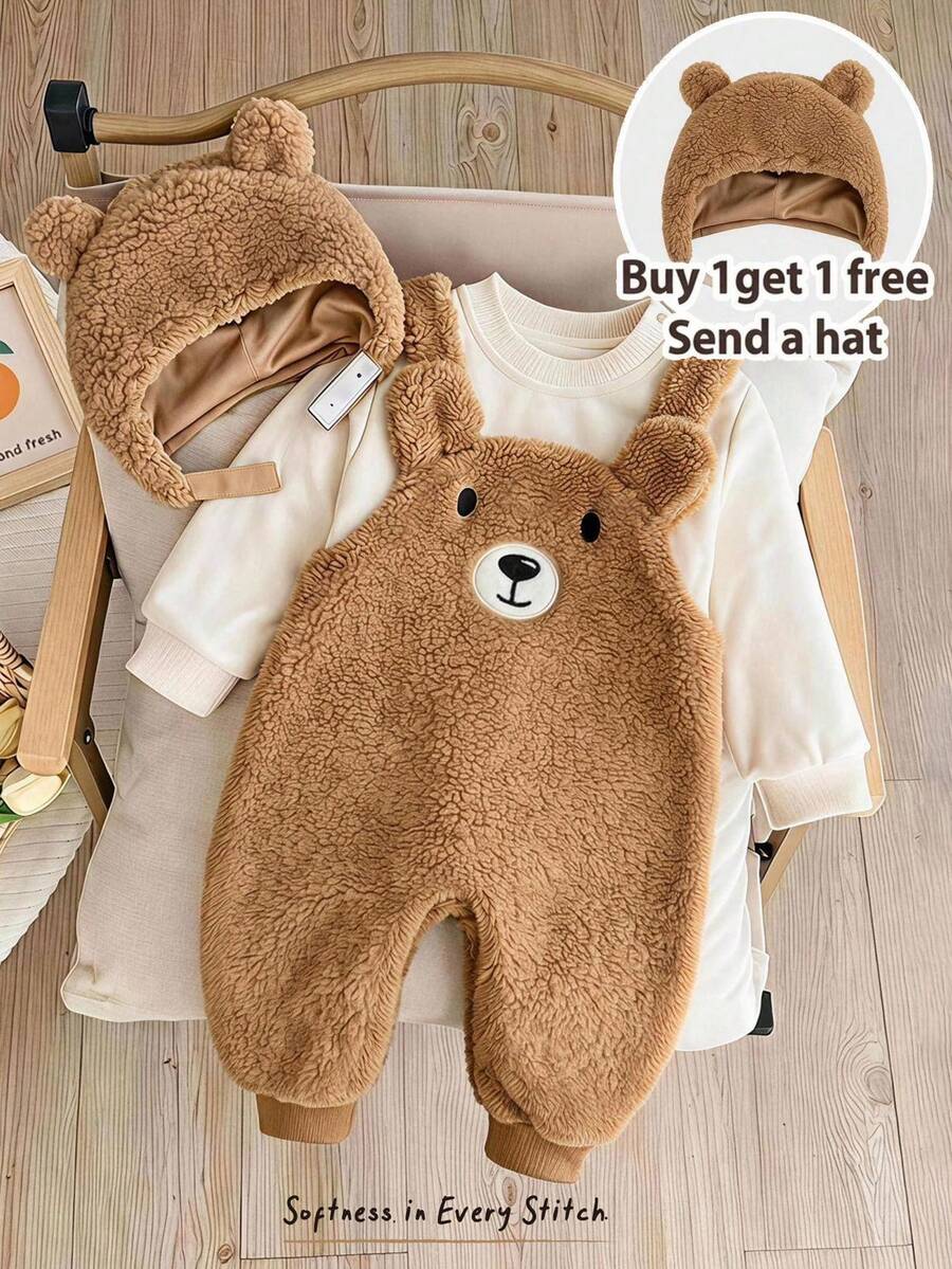 Cozy Pixies Setelan Bayi Perempuan 2pcs: Baju Terusan Tebal Berlapis Termal Motif Beruang Kartun & Topi Lengan Panjang, Musim Gugur/Musim Dingin - Coklat - View 1