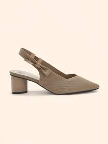 CUCCOO BASICS Ladies' Pointed, Thick Heel, Breathable Mesh, Bow Tie, Back Strap Shoes, Commuting Style, Versatile For Daily Dates, Single Shoe - Khaki - View 3