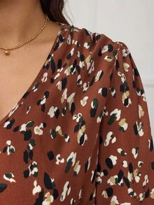 SHEIN Frenchy 全身豹纹灯笼袖衬衫 - 橘色 - 查看 4