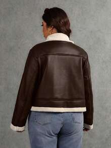 Elaquor Plus Size Women's Colorblock Zipper PU Leather Casual Versatile Everyday Long Sleeve Jacket Winter - Coffee Brown - View 2