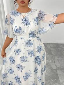 Modelyn Women's Plus Size Elegant Spring/Summer Round Neck Ruffle Bell Sleeve Fitted Drapey Chiffon Dress - Multicolor - View 3
