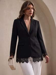 Elegantrix Blazer marrón con solapa y dos botones, diseño de empalme de encaje en el dobladillo, ropa formal vintage suave de talla grande, adecuado para oficina, té de la tarde y citas - Negro - Ver 5