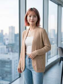 SHEIN PETITE 女款休閒羅紋刷毛開襟側口袋短版輕量夾克開襟衫，杏色秋季薄款針織開襟衫，適合任何場合，小碼女款 - 卡其色 - 查看 7
