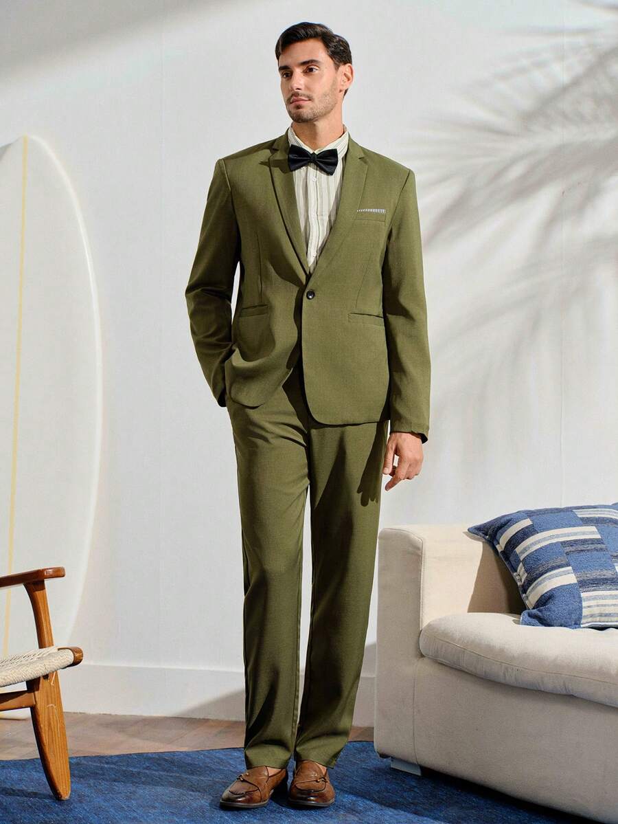VeloEdit Men's Business Formal Lapel Collar Suit Blazer And Pants Set For Ceremony Formal Wedding Fall Winter Commute Old Money - Dark Green - View 1