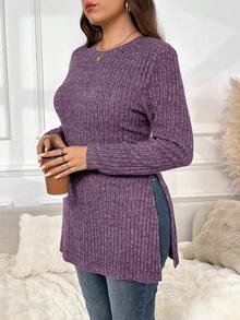 SHEIN Frenchy Kaos Kasual Lengan Panjang Leher Bulat Belahan Samping Warna Polos untuk Wanita Ukuran Besar, Cocok untuk Musim Gugur - Purple - View 5