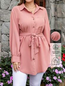 Firerie Plus Size Women Spring/Summer Solid Color Long Sleeve Pocket Casual Shirt Fall - Dusty Pink - View 8