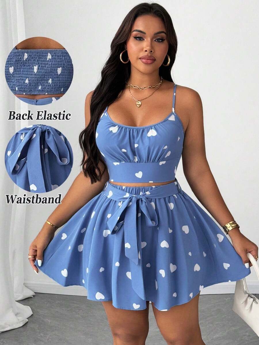 SHEIN Unity Plus Size Women's Heart Print Camisole & Self-Tie Waist Swing Midi Skirt 2 Pieces Set, Elegant Design For Beach, Party, Festival, Spring/Summer - Blue and White - View 1