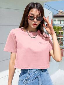 DAZY Camiseta corta con gráfico de eslogan: "HACER LO QUE QUIERAS" - Verano - Rosa Pálido - Ver 4