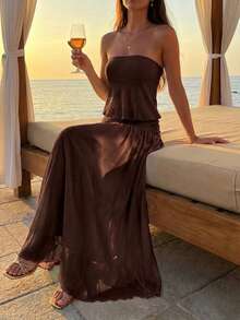 Aloruh Women's Spring/Summer Vacation Date Romantic Sexy Solid Brown Strapless Ruched Waist A-Line Dress - Coffee - View 3